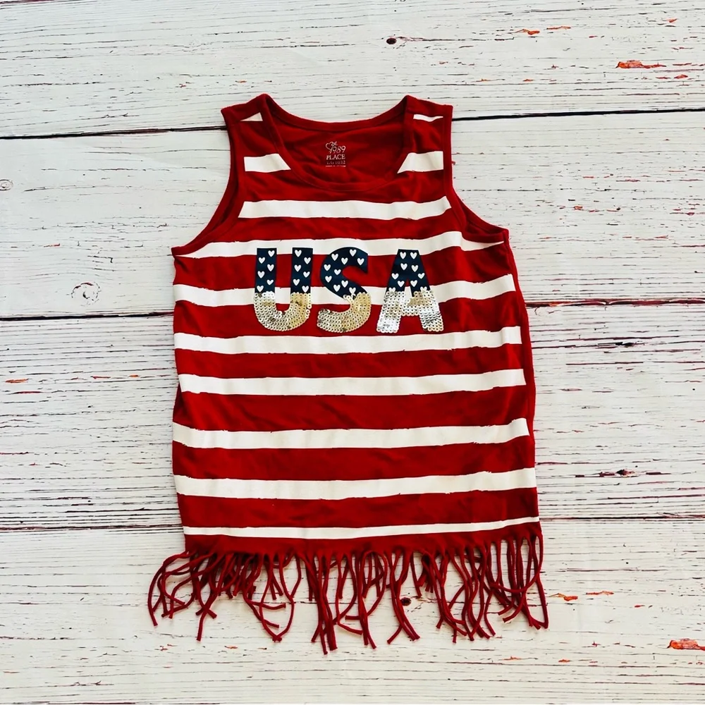 The Children's Place Red and White Striped Tank Top with USA Design